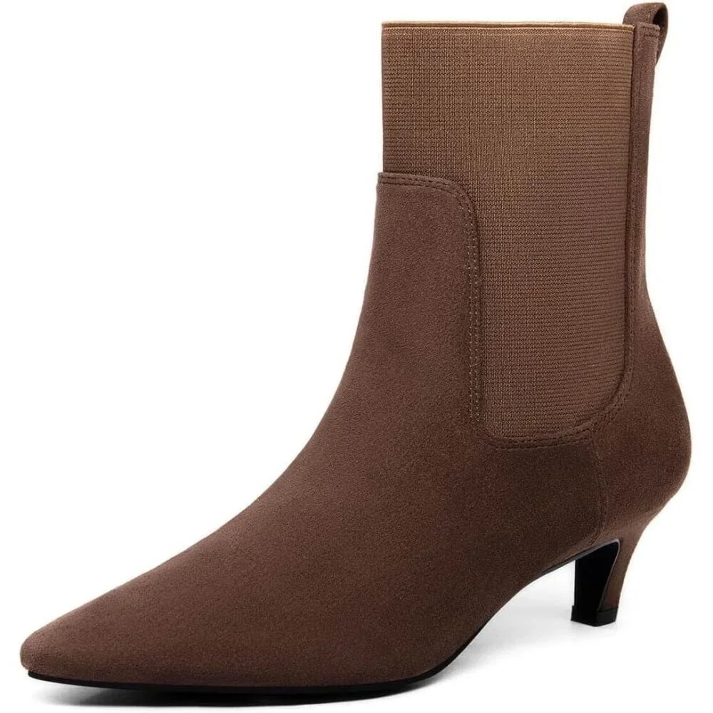 Women's Chocolate Ankle Low Kitten Heel Pointed Toe Slip On Dressy Winter Boots